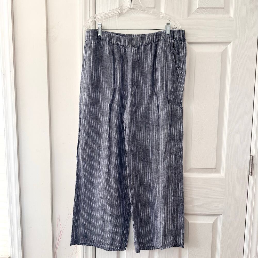 Eileen Fisher Puckered Linen Ocean Stripe Ankle Wide Leg Pants Large Coastal - Picture 2 of 8